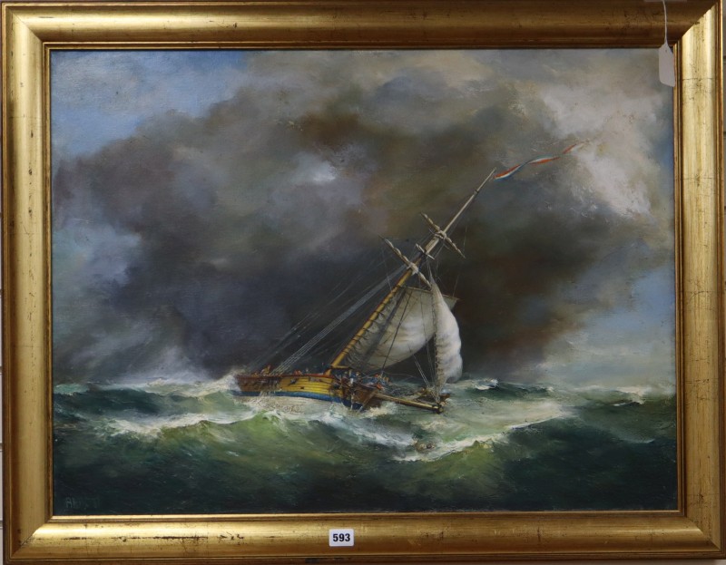 *Abbott, oil on canvas, Naval vessel running before a storm, signed, 60 x 80cm